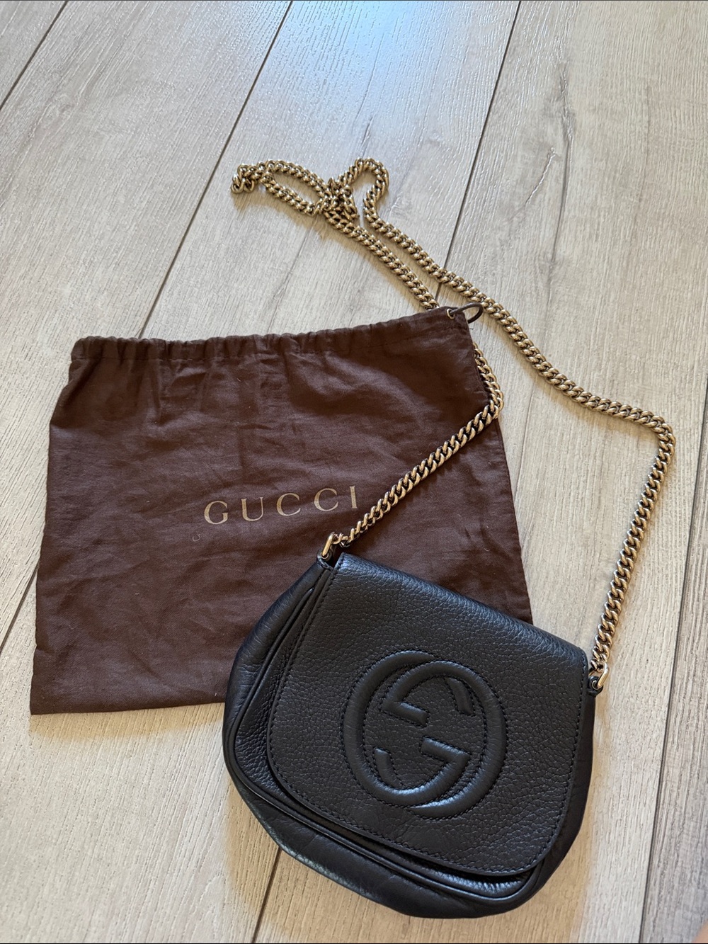 Gucci Black Leather Crossbody with Gold Chain